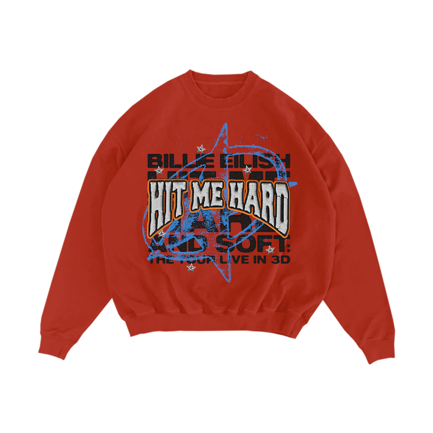 Billie Eilish Live in 3D Embroidered Star Red Crewneck Crewneck 441961